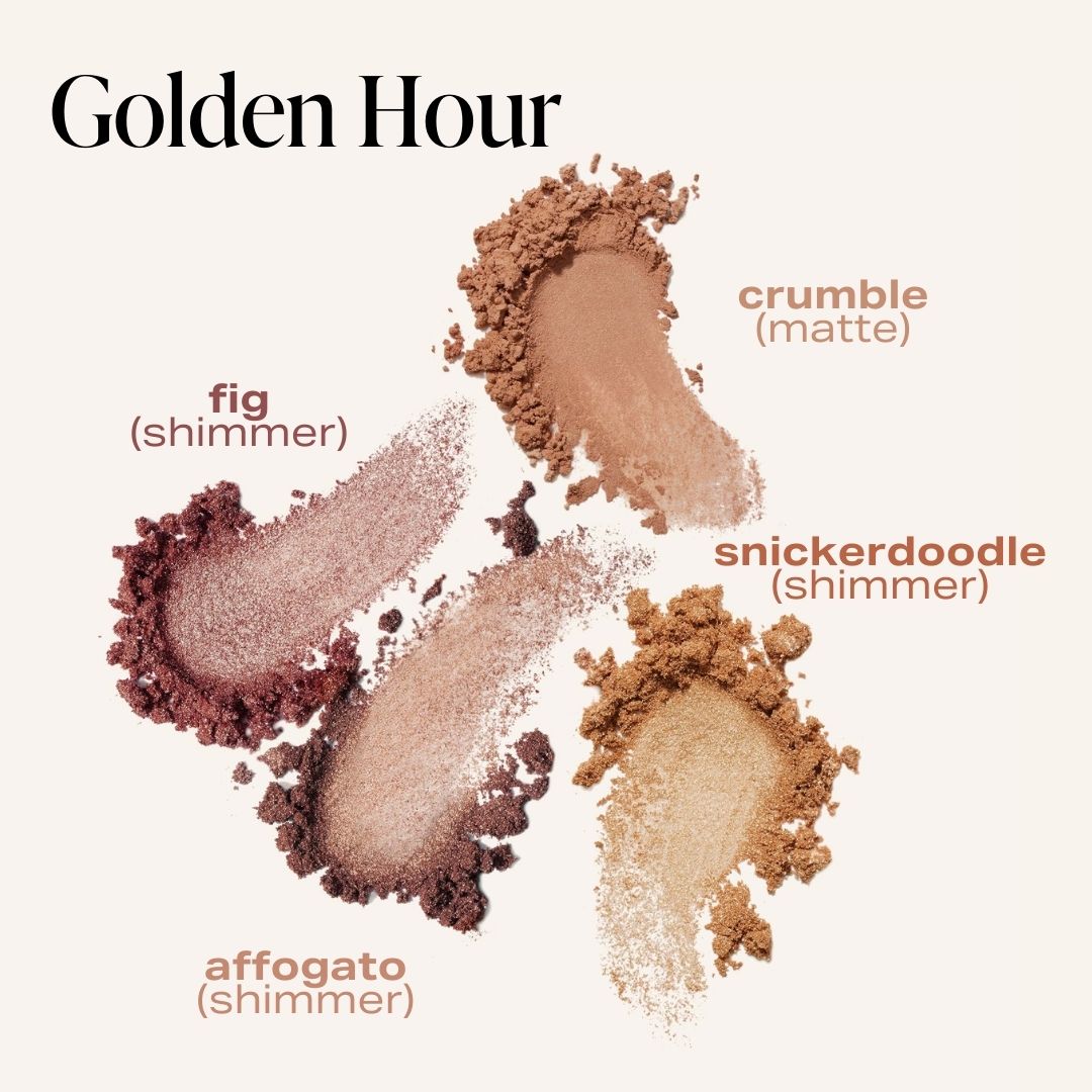 golden hour swatch infographic explaining crumble is a matte eyeshadow, fig is a shimmer, snickerdoodle is a shimmer, affogato is a shimmer.