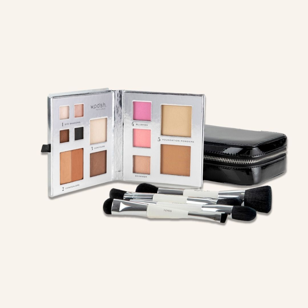 The Jetsetter bundle with our black case, 13-pan Fold out face, and essential brush set. Our fold out face refillable palette contains 4 eyeshadows, 2 concealers, 2 contours, 2 blushes, 1 shimmer highlight and 2 foundation powders. Our brushes are dual ended synthetic vegan brush bristle! 