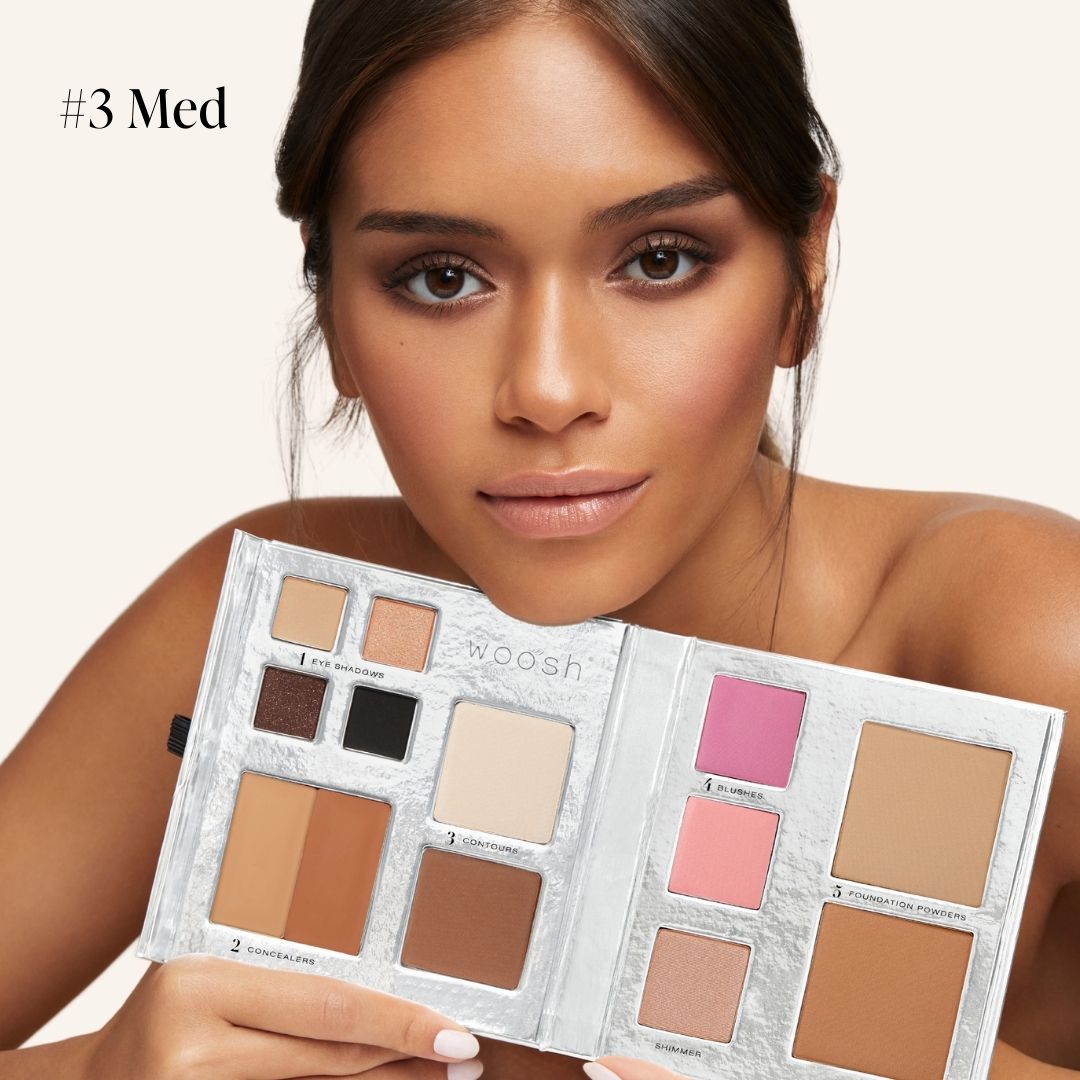 medium skinned model holding fold out face in shade #3 med