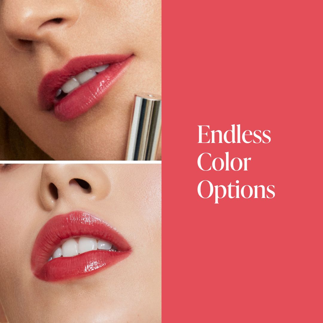 image comparing two models with same lip products on. This is to show the stain and gloss is buildable. Based on how many layers you put will increase the color payoff. To the right of the two models it says Endless Color Options