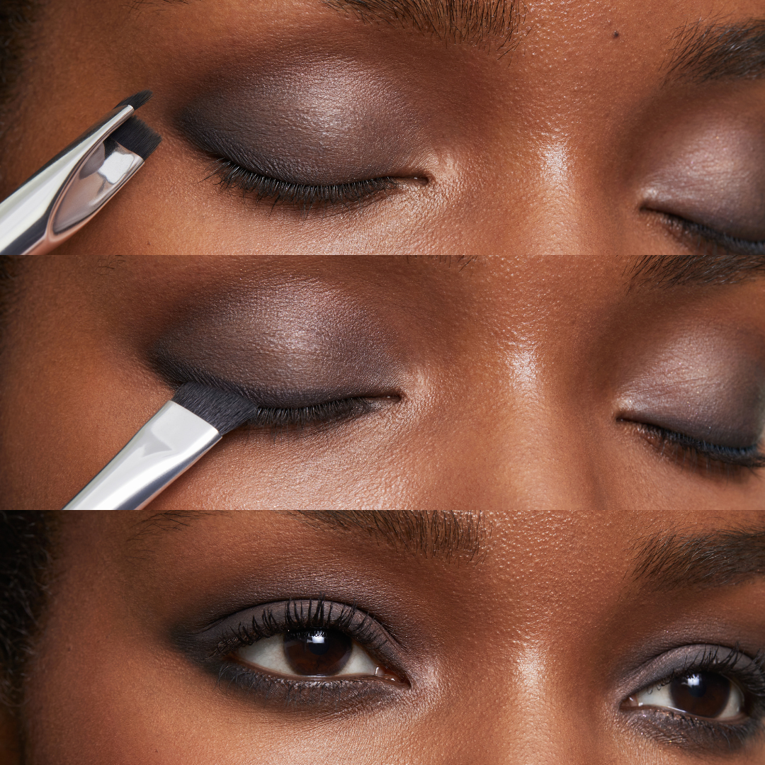 Demonstration of the corner brush eye stamper v shaped side on eyelid and angled brush side to do a wing