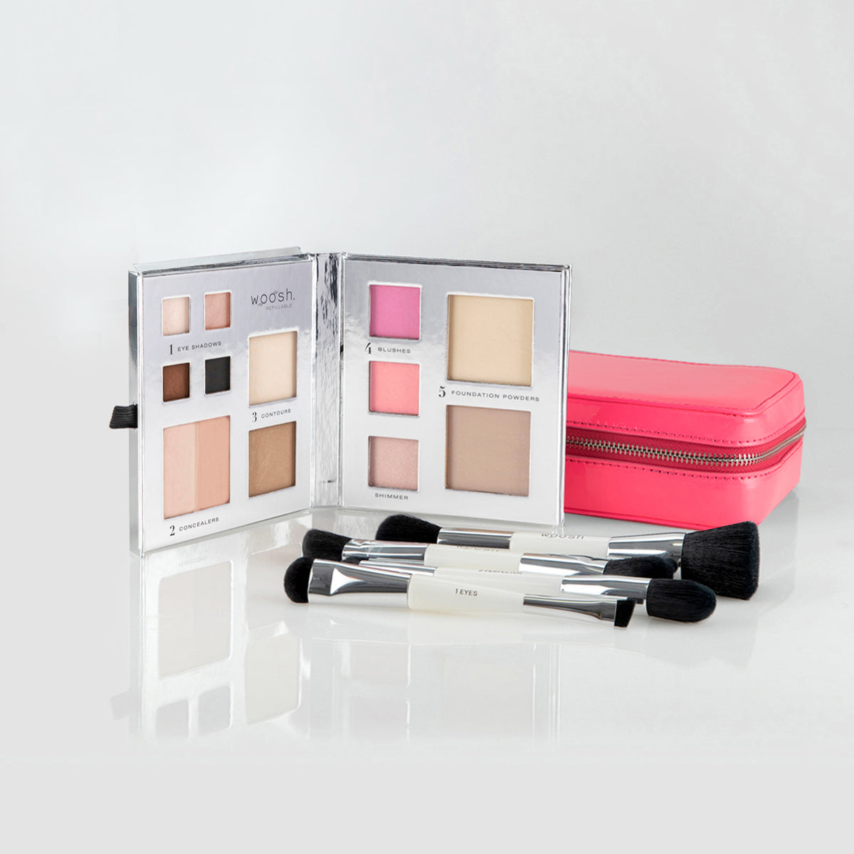 Fold Out Face 13 pan palette, pink case, and essential brush set with 4 dual-ended brushes