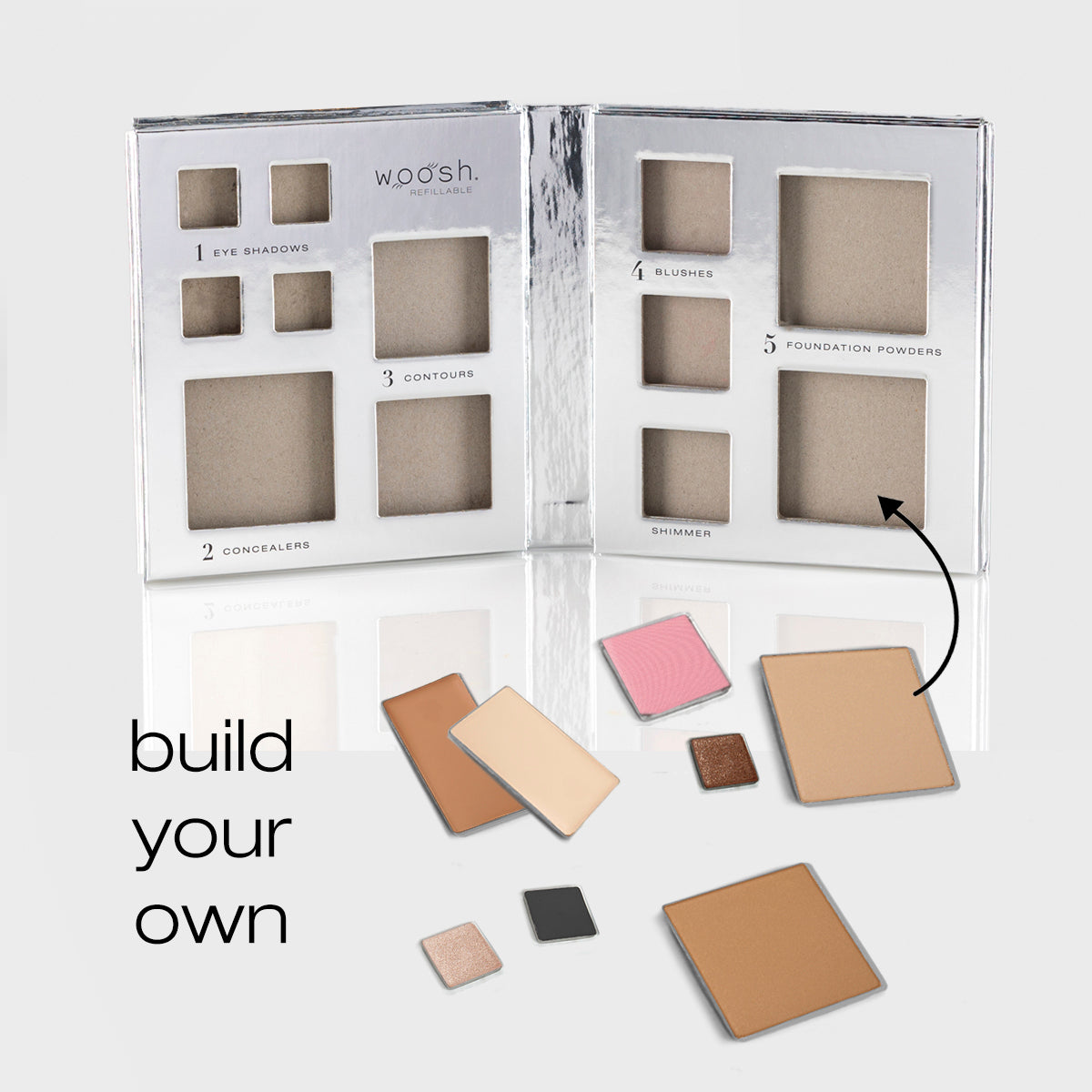 Build your own 13 pan palette with 4 eyeshadow pans, two concealer pans, 2 contour shades, 2 blushes, one shimmer, and 2 foundation powders to choose from