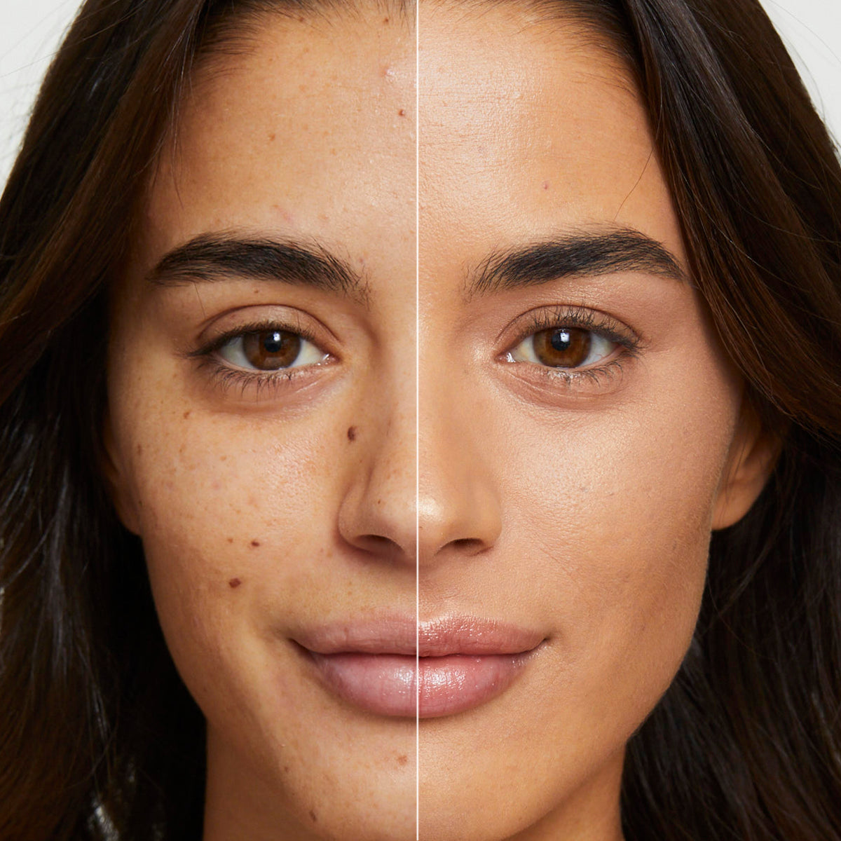 a side by side before and after of a model showing how effectively the products in Fold Out Complexion cover blemishes, under eye circles & uneven skin tone