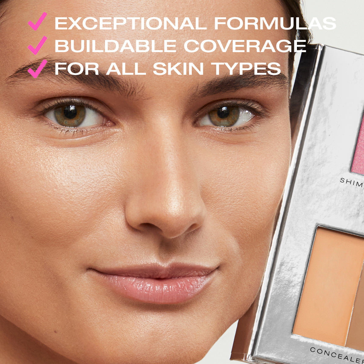 a photo of a beautiful woman with copy on top stating that the coverage in Fold Out Complexion is buildable, and the formulas are clean & good for all skin types