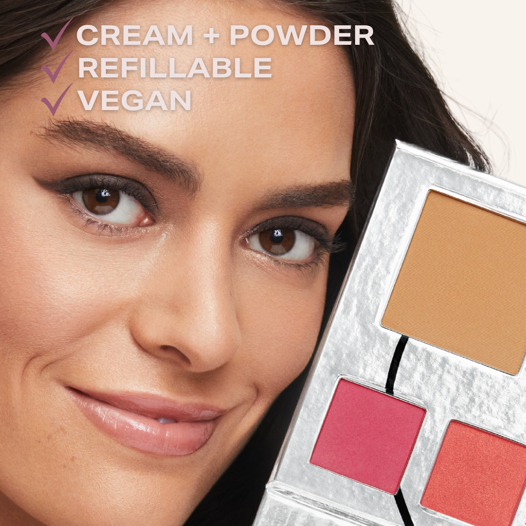 Zoomed in picture of models face showing off makeup. Checklist on image that says Cream + Powder, Refillable, and Vegan in reference to our palette 