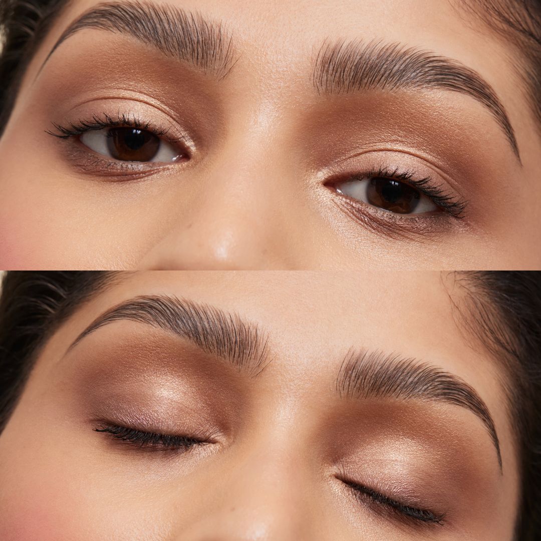 Closeup of model with eye open and shut showing off eyeshadow quad applied to eye 