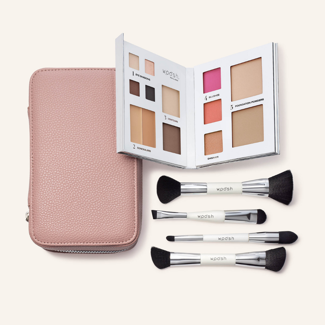 The Jetsetter bundle in shade mauve. The fold out case is the perfect dusty mauve pink shade. Bundle includes the refillable 13 pan Fold out Face palette and he dual ended. vegan, synthetic brush set. Brush set includes a contour brush, eye shadow brush with liner end, concealer brush, and a blush and foundation powder brush