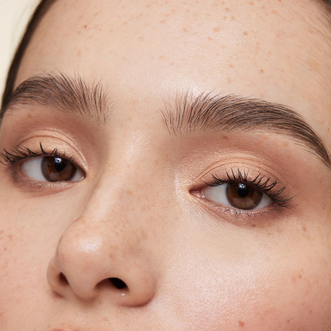 up close of model showing off golden hour eyeshadow 