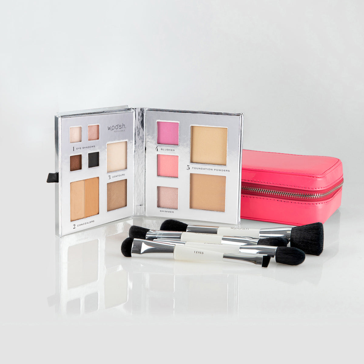 Fold Out Face 13 pan palette, pink case, and essential brush set with 4 dual-ended brushes