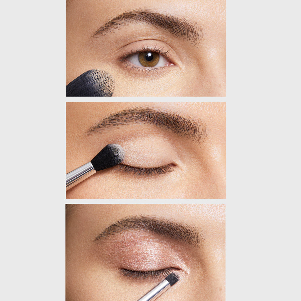 3 images showing model applying coconut concealer, then base eyeshadow, then a shimmer eye shadow to create a bright eye look