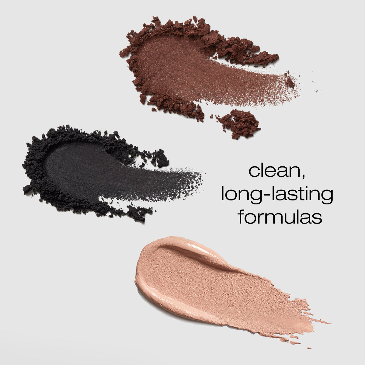 Three swabs of the Fold Out Eyes formula. Two powders, one creamy concealer for clean, long-lasting formula
