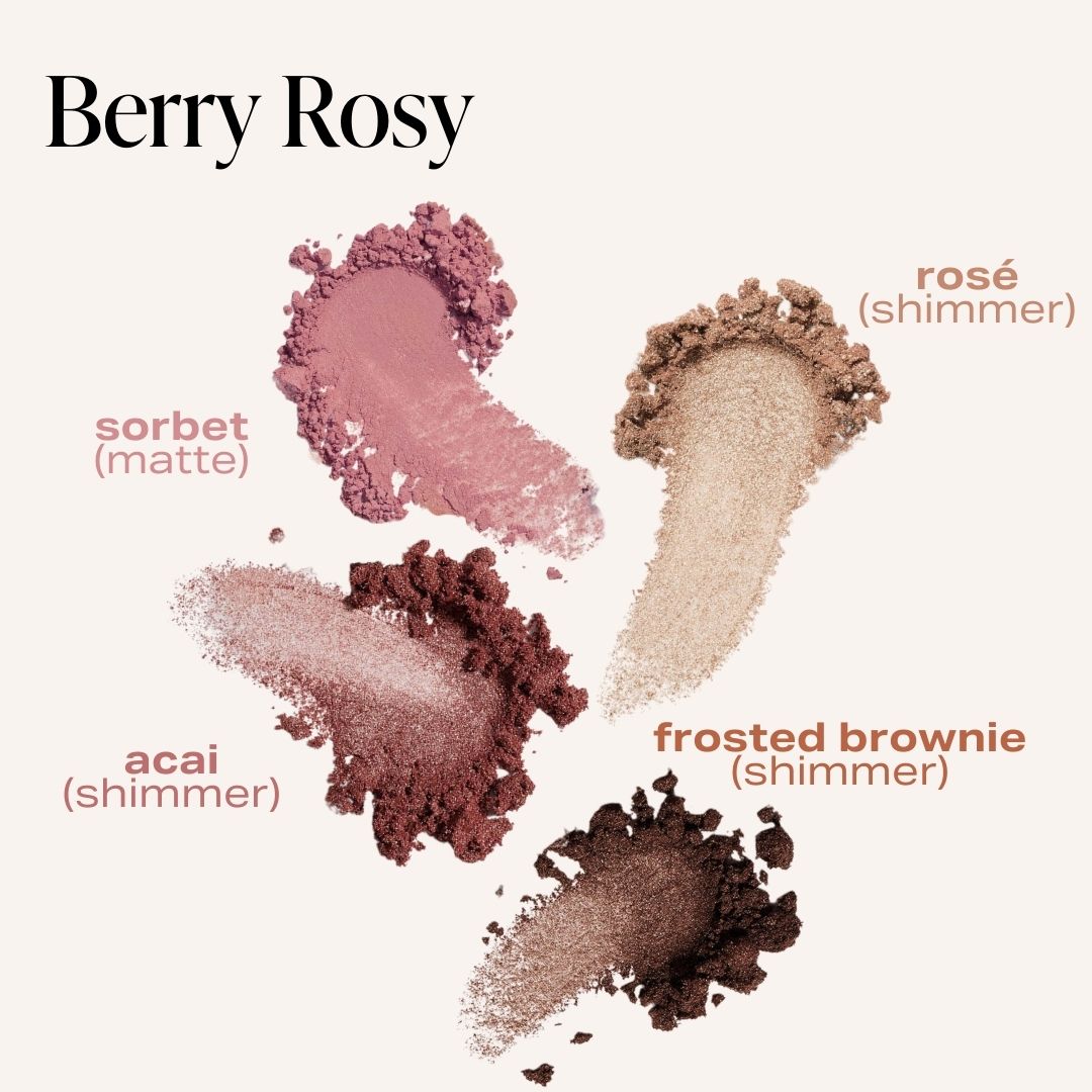 powder swatches of berry rosy eyeshadow quad. Shade rose is a shimmer, sorbet matte, acai shimmer, and frosted brownie shimmer 