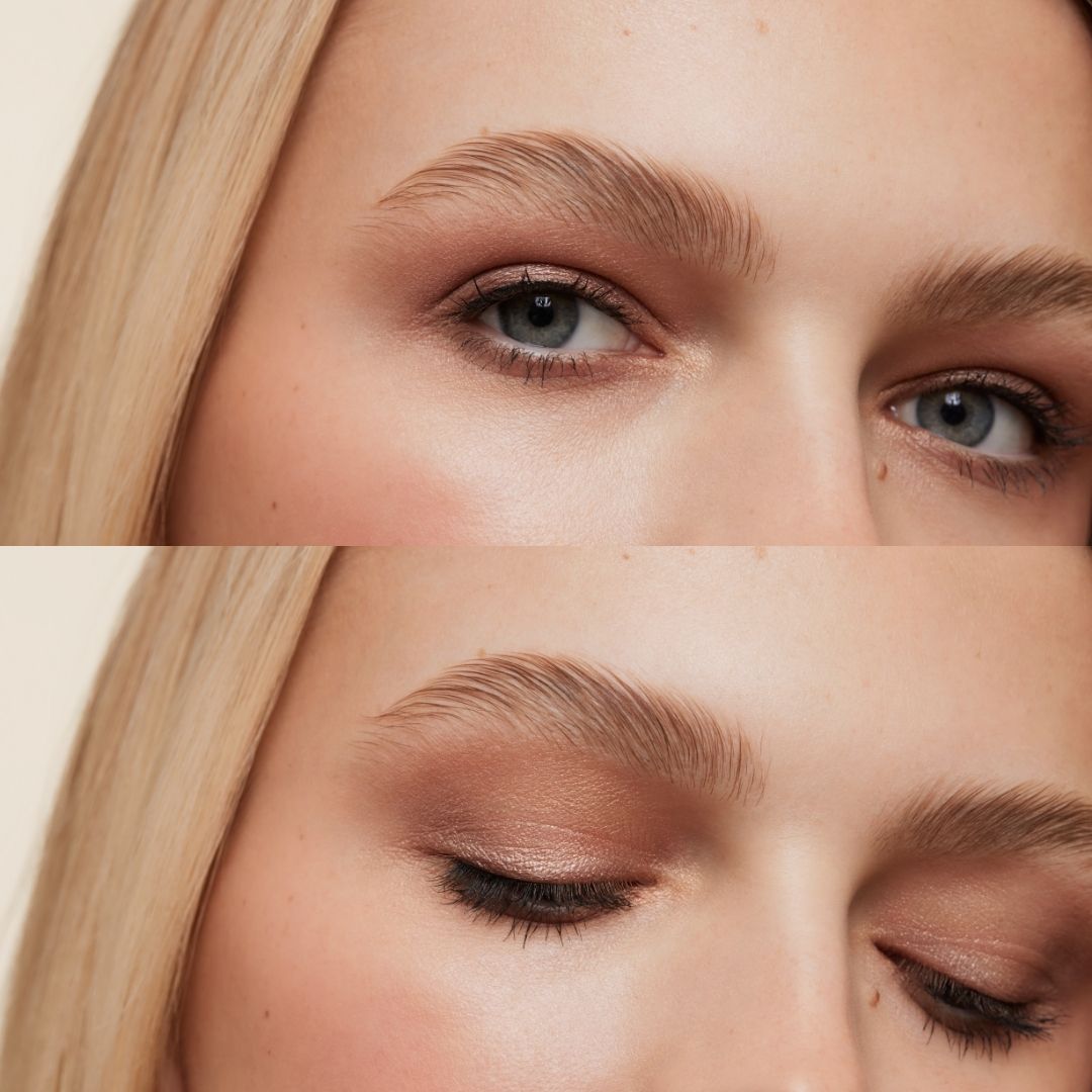 up close of model with eyes open and shut showing eyeshadow look