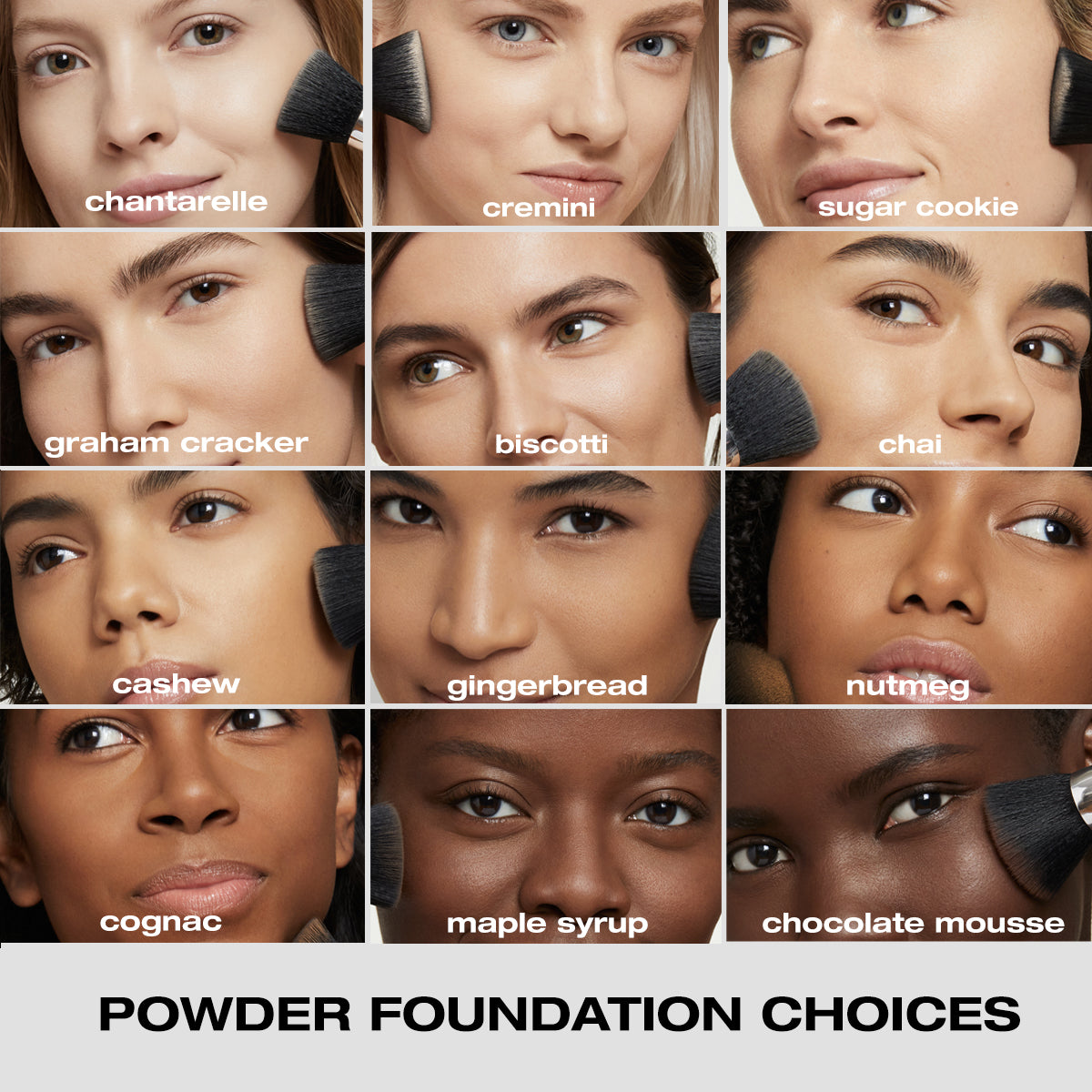 Powder foundation options from lightest to darkest: Chantarelle, cremini, sugar cooki, graham cracker, biscotti, chai, cashew, gingerbread, nutmeg, cognac, maple syrup, chocolate mousse