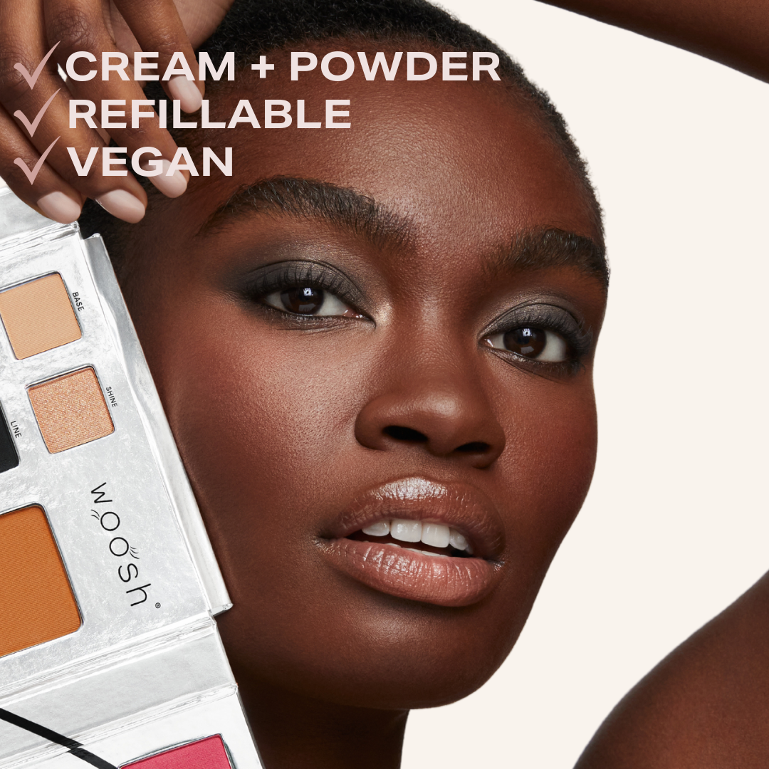 Zoomed in picture of models face showing off makeup. Checklist on image that says Cream + Powder, Refillable, and Vegan in reference to our palette 