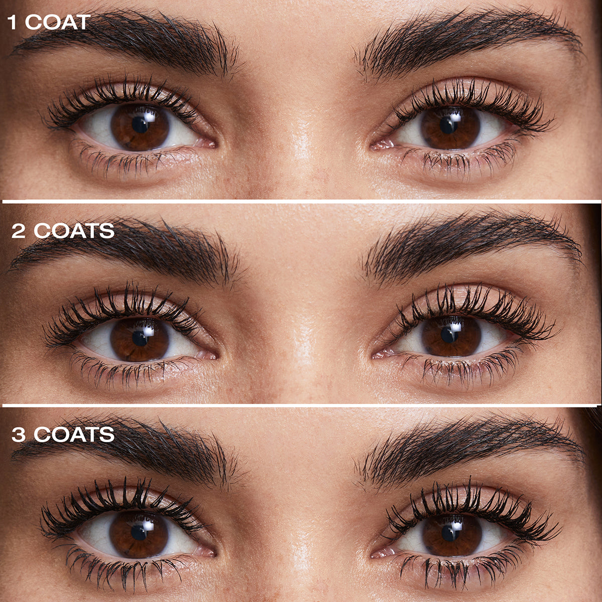 Comparison photo showing how buildable the Like Magic Tubing mascara is, 1 coat, 2 coat, 3 coat.