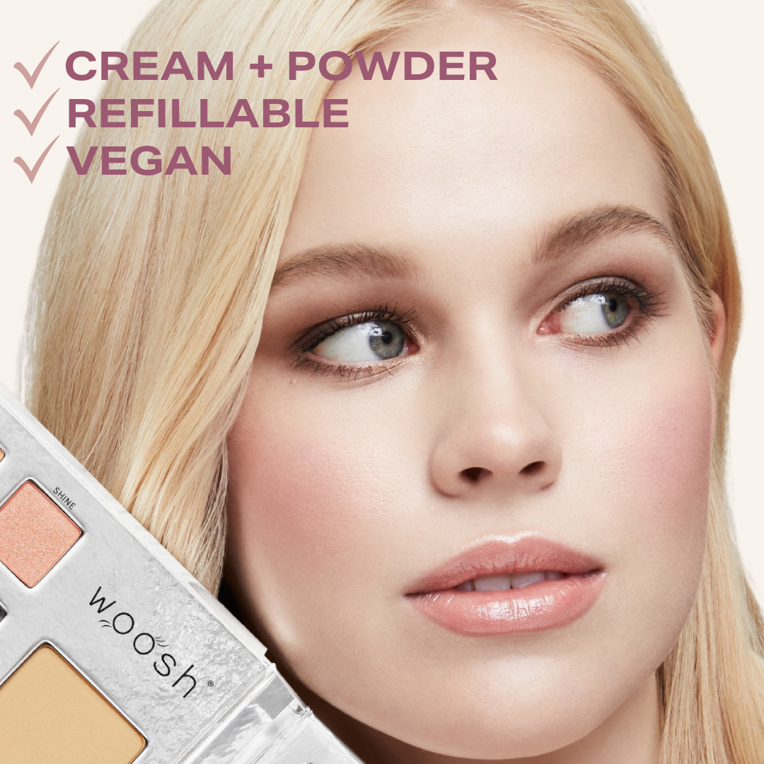 Zoomed in picture of models face showing off makeup. Checklist on image that says Cream + Powder, Refillable, and Vegan in reference to our palette 