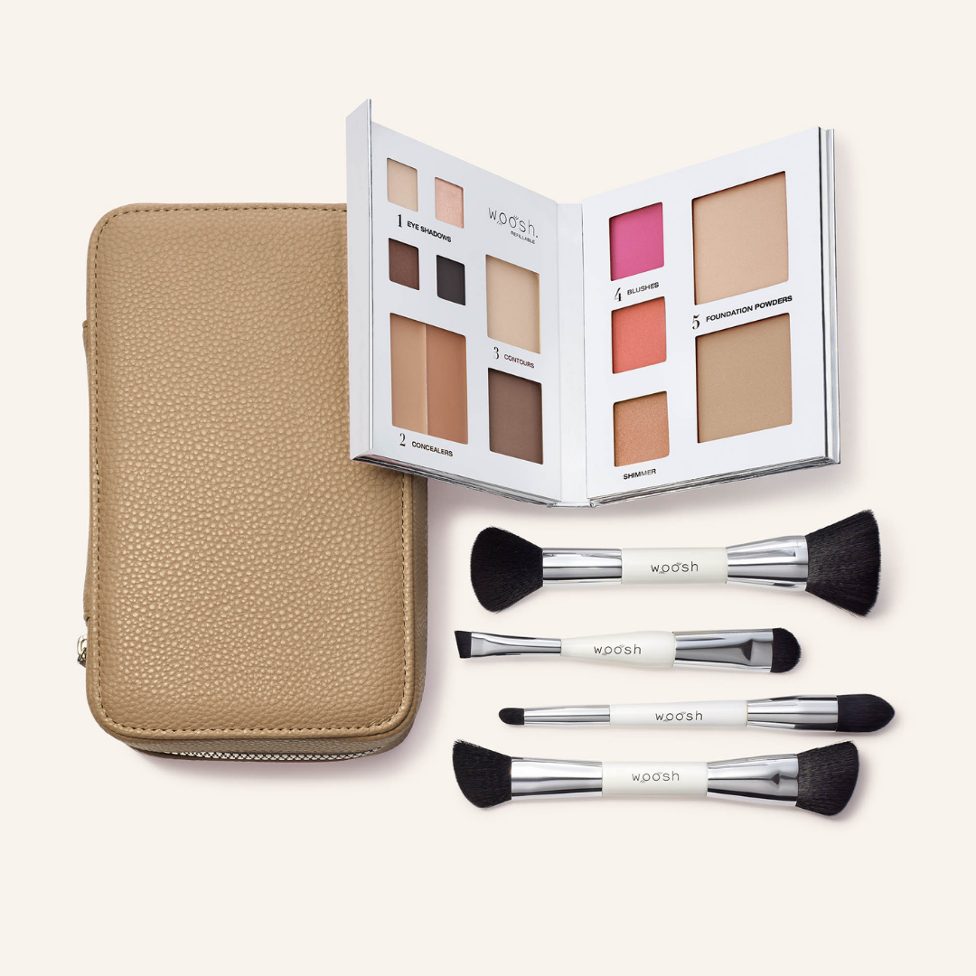 The Jetsetter bundle in shade Sand. The fold out case is the perfect camel tan  shade. Bundle includes the refillable 13 pan Fold out Face palette and he dual ended. vegan, synthetic brush set. Brush set includes a contour brush, eye shadow brush with liner end, concealer brush, and a blush and foundation powder brush