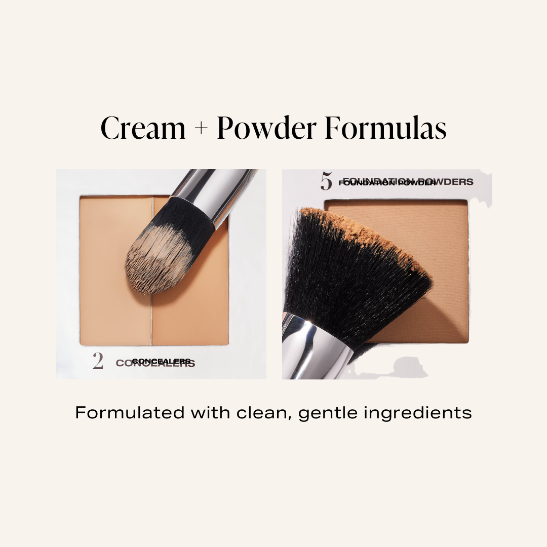 The fold out face includes cream + powder formulas. We have creamy concealer and triple milled foundation powders that feel like silk. All of our products are formulated with clean, gentle ingredients