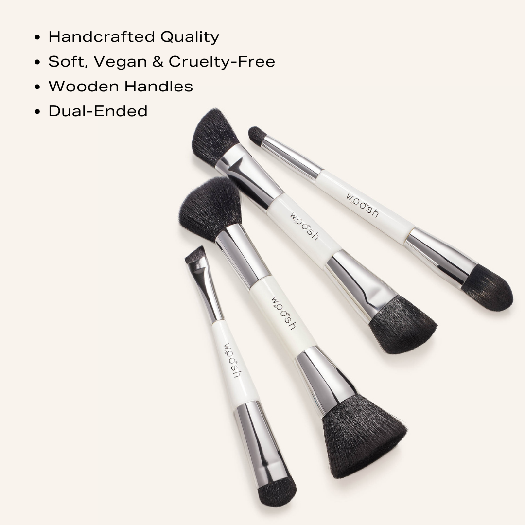 Image of the essential brush set. Handcrafted quality, soft, vegan & cruelty free, wooden handles, dual ended