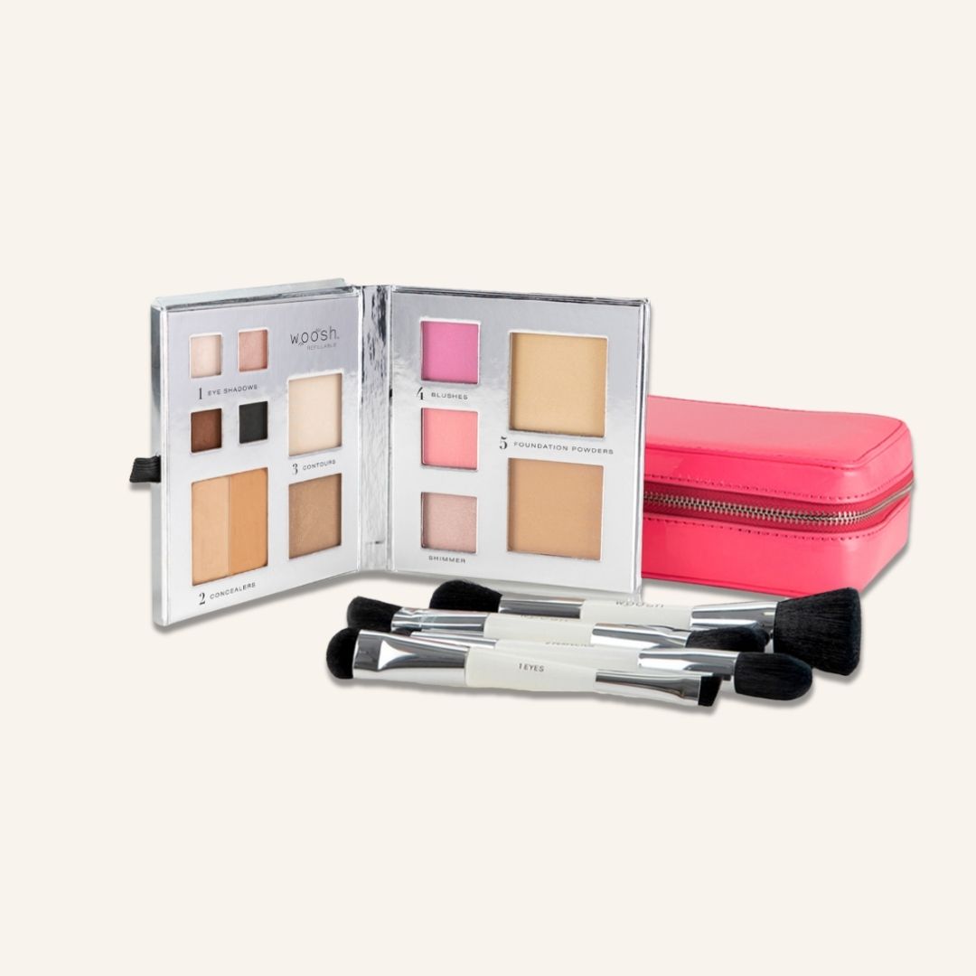 The Jetsetter bundle with our hot pink case, 13-pan Fold out face, and essential brush set. Our fold out face refillable palette contains 4 eyeshadows, 2 concealers, 2 contours, 2 blushes, 1 shimmer highlight and 2 foundation powders. Our brushes are dual ended synthetic vegan brush bristle! 