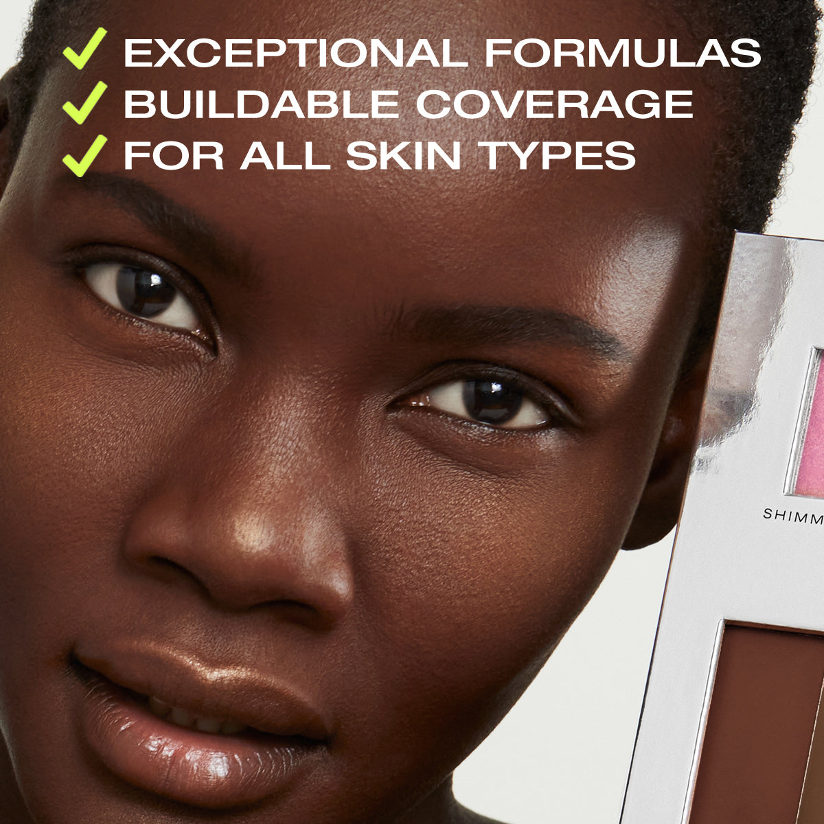 a photo of a beautiful woman with copy on top stating that the coverage in Fold Out Complexion is buildable, and the formulas are clean & good for all skin types