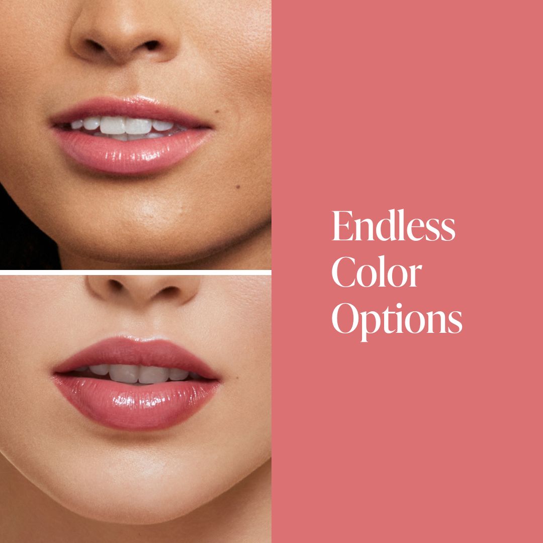 image comparing two models with same lip products on. This is to show the stain and gloss is buildable. Based on how many layers you put will increase the color payoff. To the right of the two models it says Endless Color Options