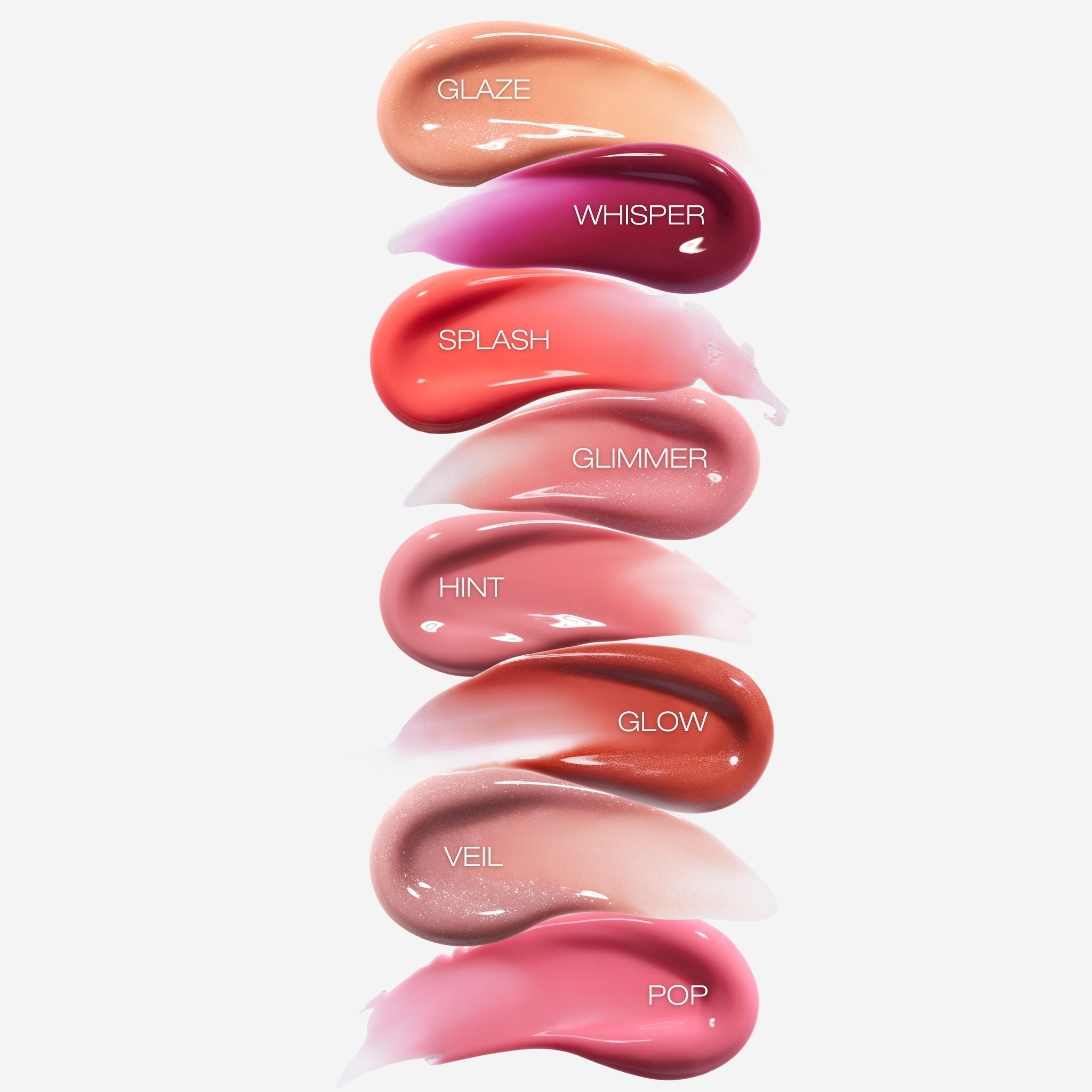 All 8 of our amazing Spin on Lip gloss shades swatch globs. infused with Shea butter and hyaluronic acid. Amazing berry and nude shades for all skin tone