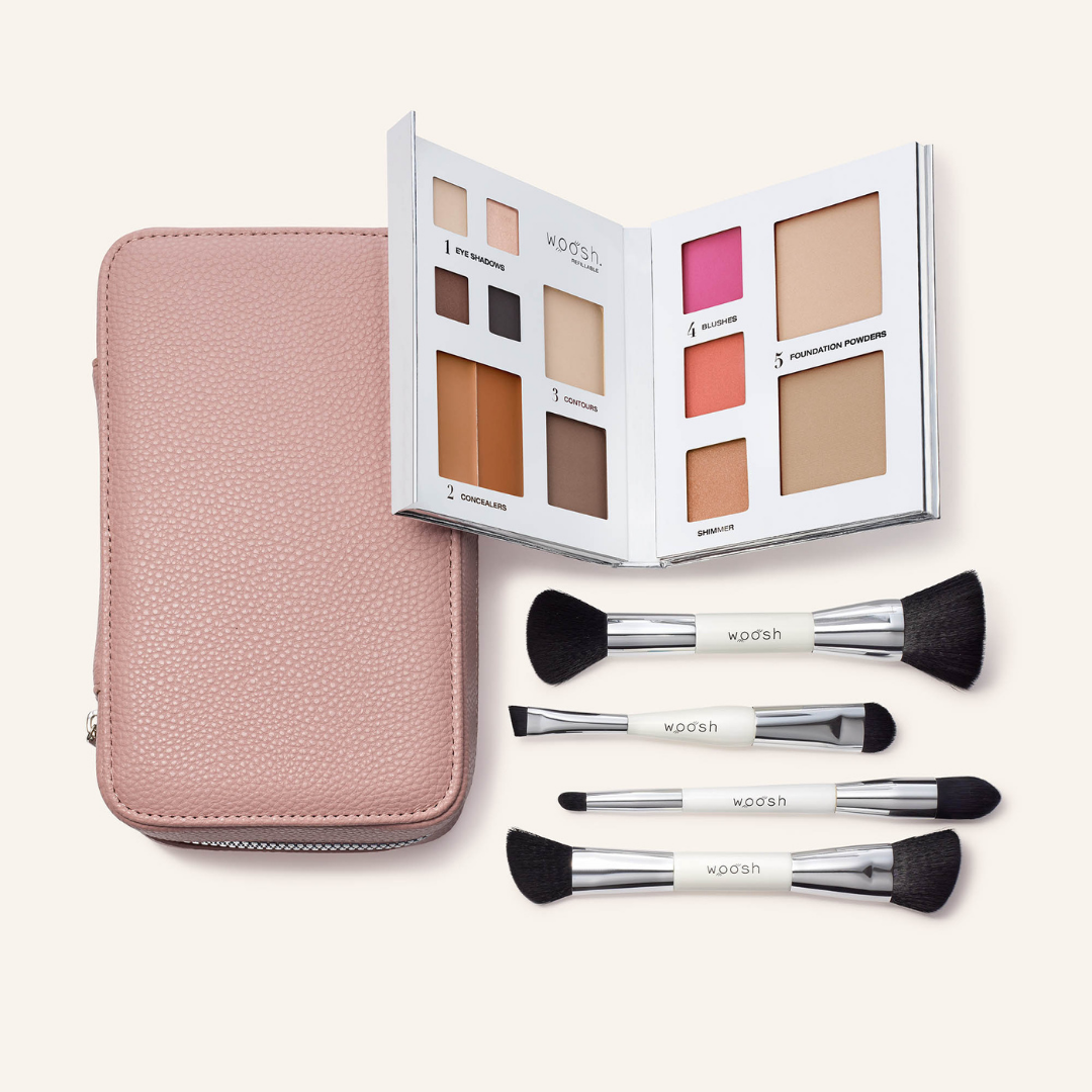 The Jetsetter bundle in shade mauve. The fold out case is the perfect dusty mauve pink shade. Bundle includes the refillable 13 pan Fold out Face palette and he dual ended. vegan, synthetic brush set. Brush set includes a contour brush, eye shadow brush with liner end, concealer brush, and a blush and foundation powder brush