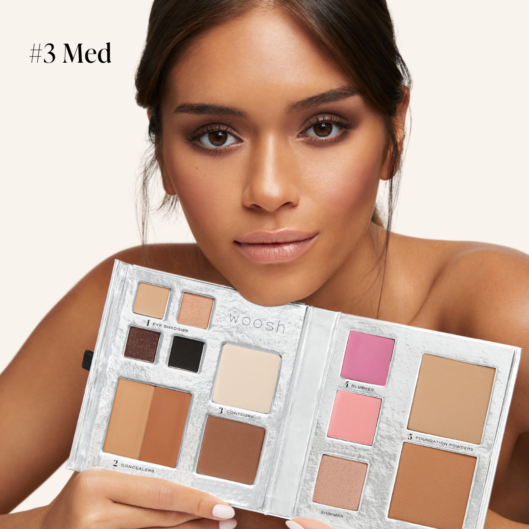 Model holding our refillable Fold out Face palette in shade #3 med 