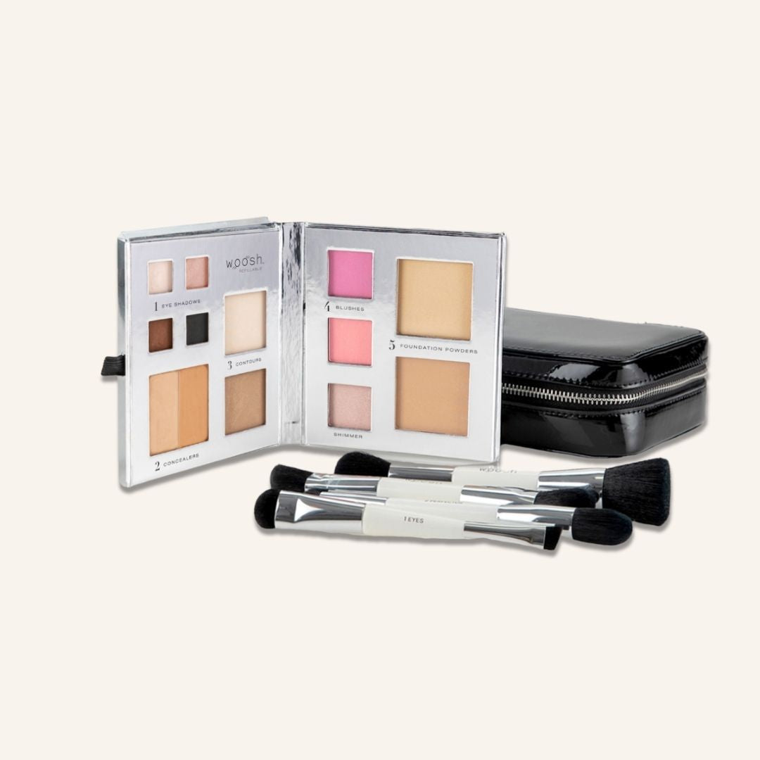 The Jetsetter bundle with our black case, 13-pan Fold out face, and essential brush set. Our fold out face refillable palette contains 4 eyeshadows, 2 concealers, 2 contours, 2 blushes, 1 shimmer highlight and 2 foundation powders. Our brushes are dual ended synthetic vegan brush bristle! 