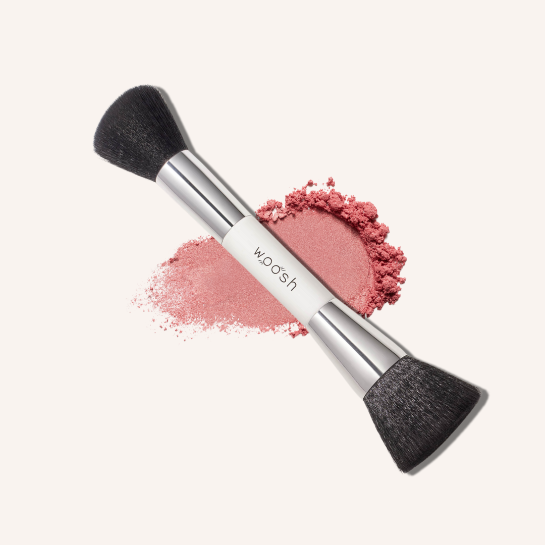 the dual ended vegan blush and blend makeup brush for applying blush and to blend your foundation