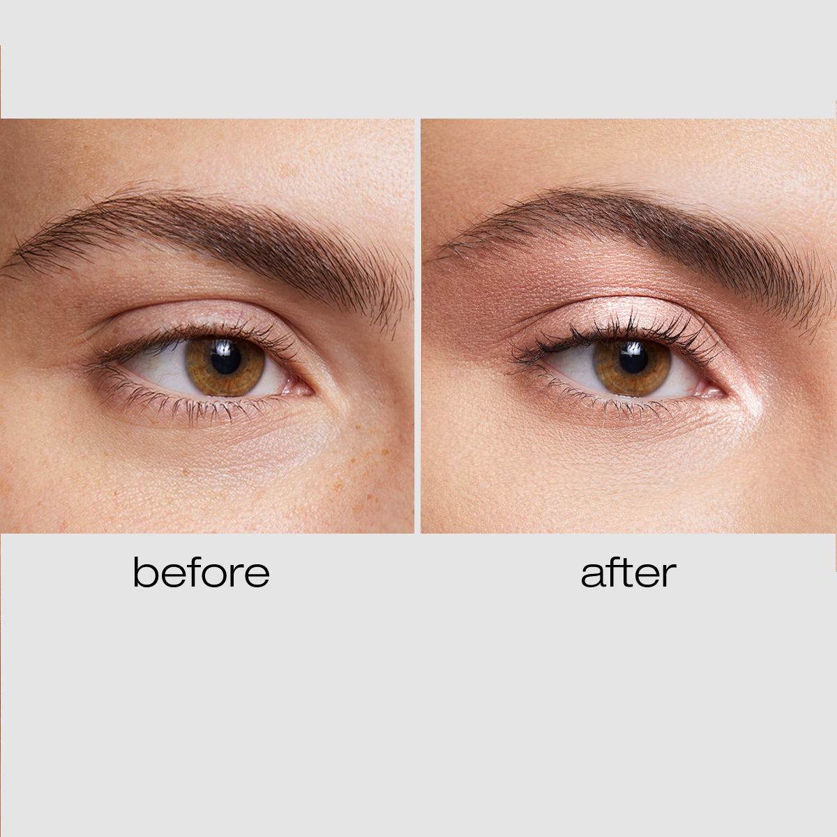 Before and after image with the before eye look showing undereye discoloration and a bare lid, and the after showing a flawless undereye area and a bright, beautiful eye shadow look