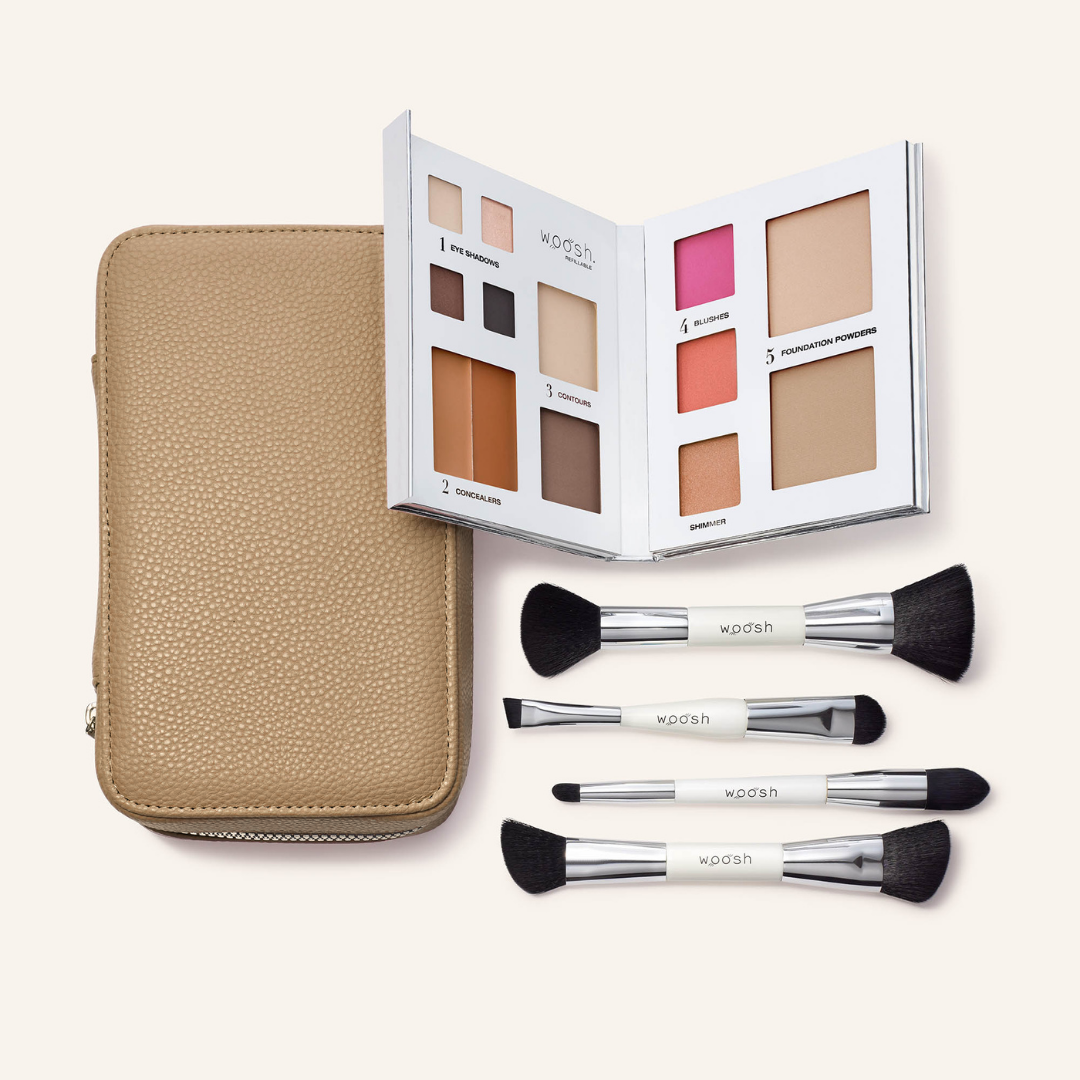 The Jetsetter bundle in shade Sand. The fold out case is the perfect camel tan  shade. Bundle includes the refillable 13 pan Fold out Face palette and he dual ended. vegan, synthetic brush set. Brush set includes a contour brush, eye shadow brush with liner end, concealer brush, and a blush and foundation powder brush