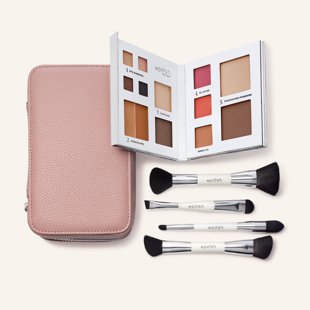 The Jetsetter bundle in shade mauve. The fold out case is the perfect dusty mauve pink shade. Bundle includes the refillable 13 pan Fold out Face palette and he dual ended. vegan, synthetic brush set. Brush set includes a contour brush, eye shadow brush with liner end, concealer brush, and a blush and foundation powder brush