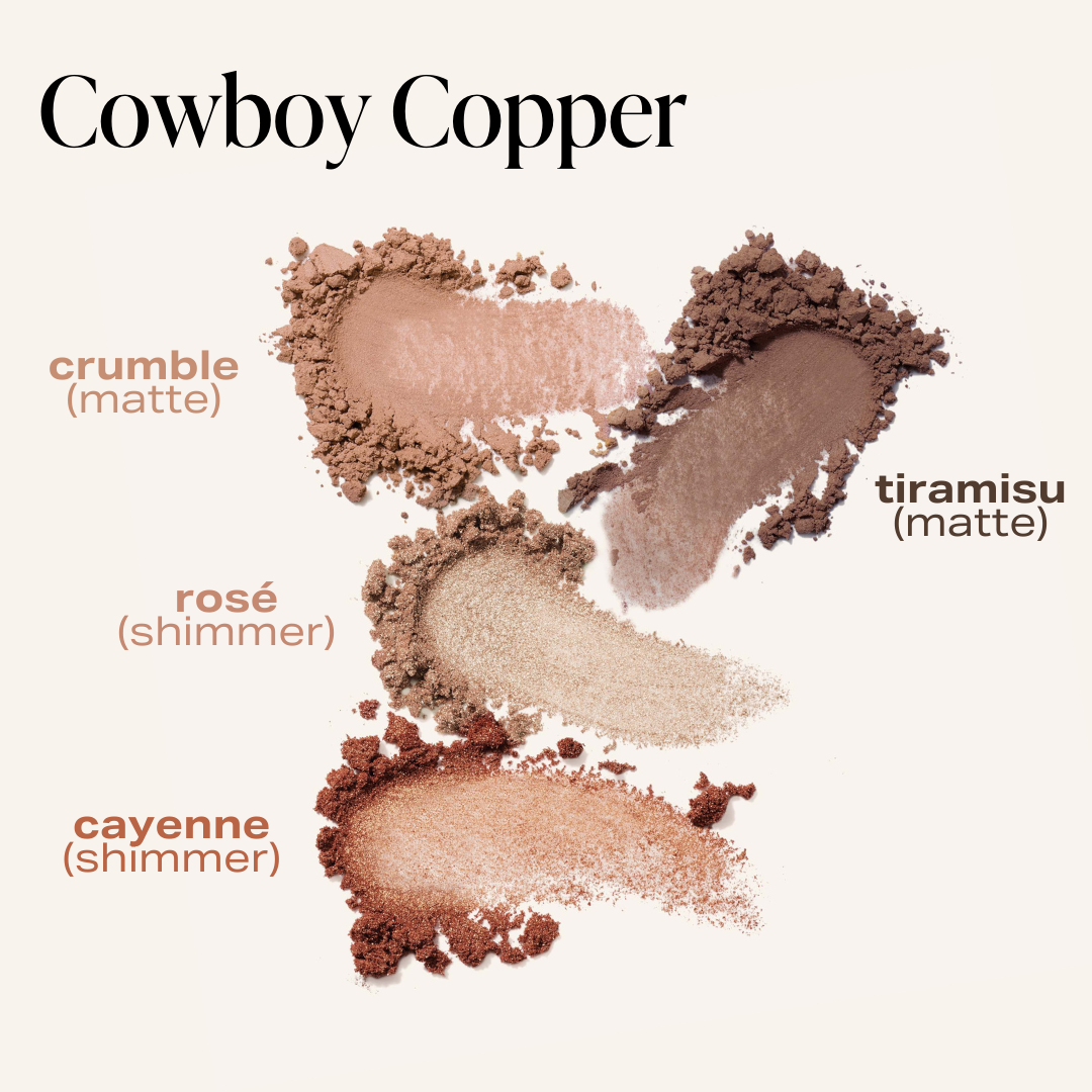 cowboy copper swatch images. Crumble is a matte Warm sandy neutral, Tiramisu is a matte Gray-brown, Rose is a shimmer Soft rose-gold shimmer and cayenne is a shimmer Metallic tangerine 