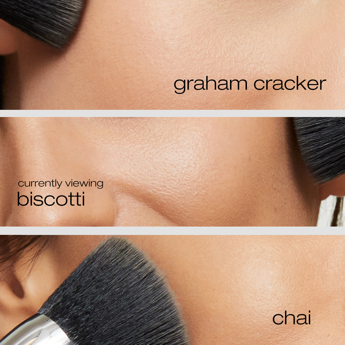 Model applying graham cracker, biscotti, and chai foundation on cheeks