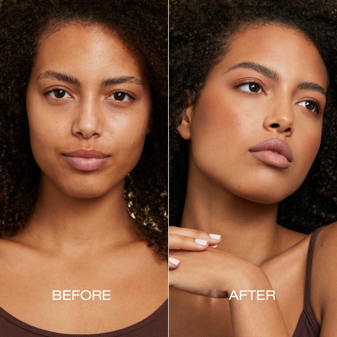 Before and after of bronzer application. Left side shows barefaced model with no makeup and right shows model with complexion completed and Bondi bronzer applied 