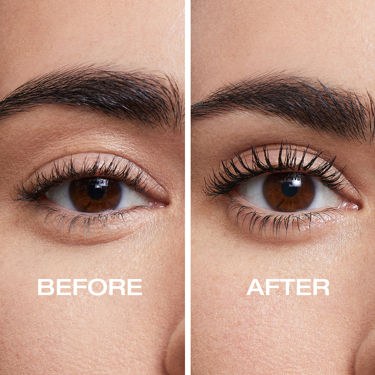 Before and after on an eye with mascara vs. without. The after photo with mascara shows much longer, fuller eyelashes. 