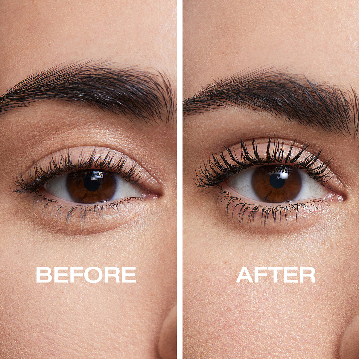 Woman applying mascara to eyelashes using mascara bristles with text saying it curls, lifts, volumizes, vegan formula, applies and dries quickly'