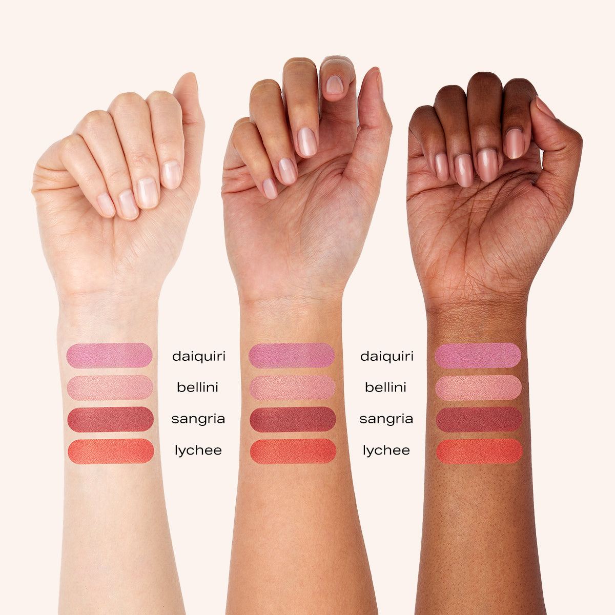 Spread of all the blush colors on 3 different skin tones