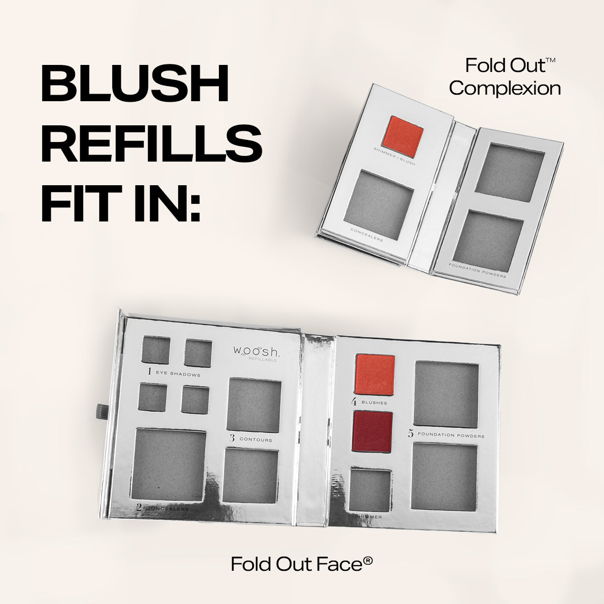 Demonstration of the blush refills fitting in the fold out complexion and fold out face