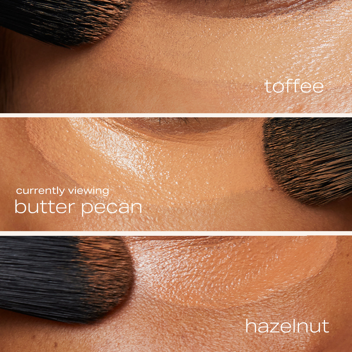 toffee, butter pecan, hazelnut concealers compared on under eye area