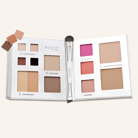 13 pan refillable fold out face palette which includes 4 eyeshdaows, two concealers, 2 contours, 2 blushes, 1 shimmer highlighter, 2 foundation powders. In this bundle you also receive 3 additional eyeshadows in shade crumble, tiramisu, and cayenne and the essential eye brush. Our essential eye brush is double ended with a domed blending end and an angle brush end for any eye look! 