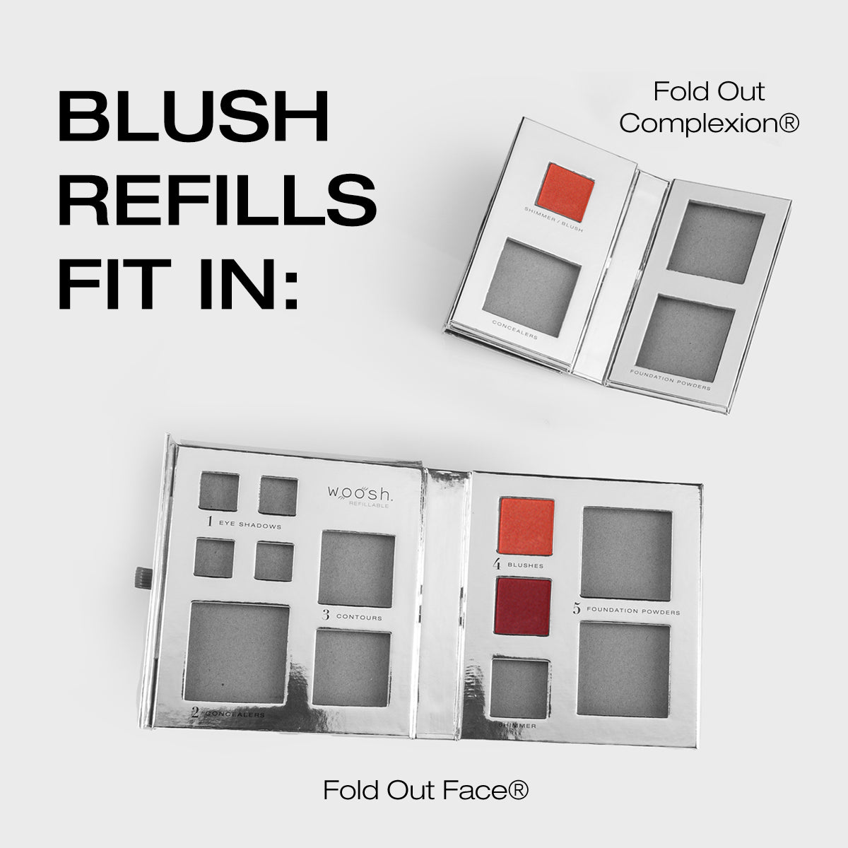 Demonstration of the blush refills fitting in the fold out complexion and fold out face