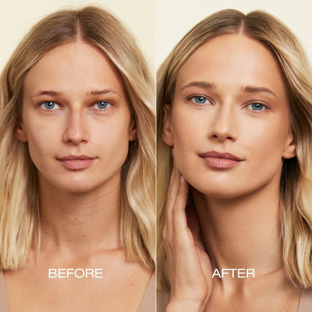 Before and after of bronzer application. Left side shows barefaced model with no makeup and right shows model with complexion completed and malibu bronzer applied 