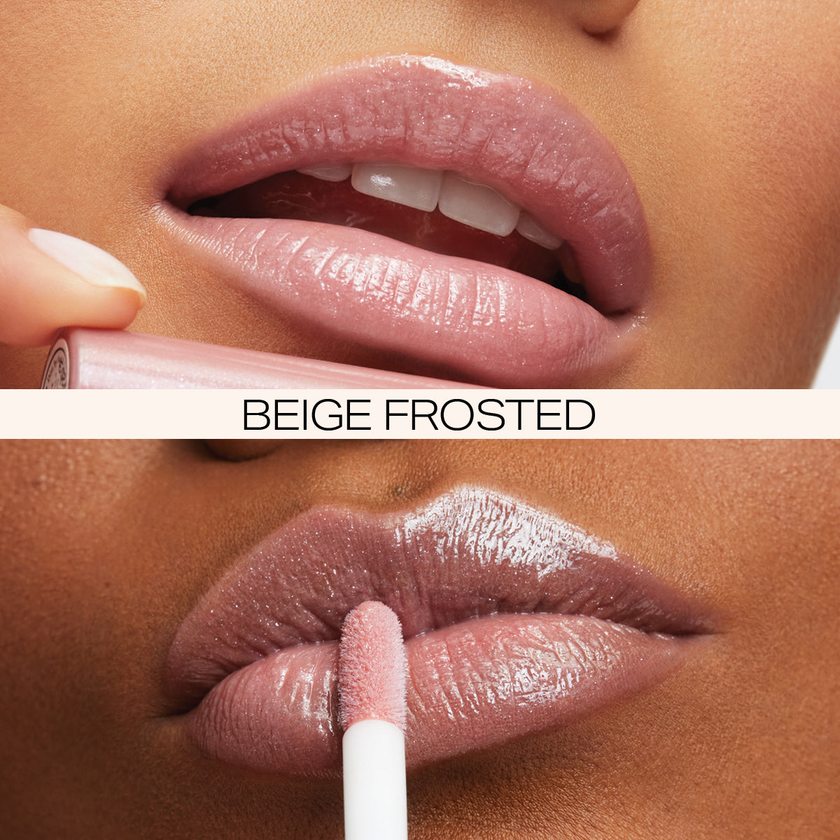 Beige frosted mini lip gloss applied to model's lips