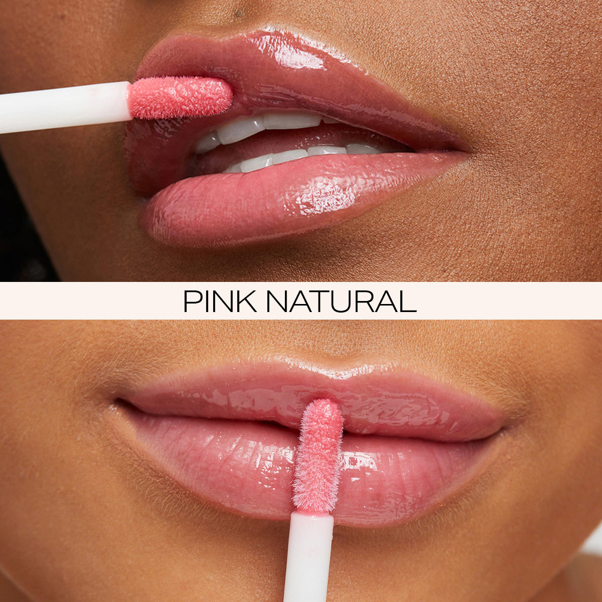 Pink natural mini lip gloss applied to model lips