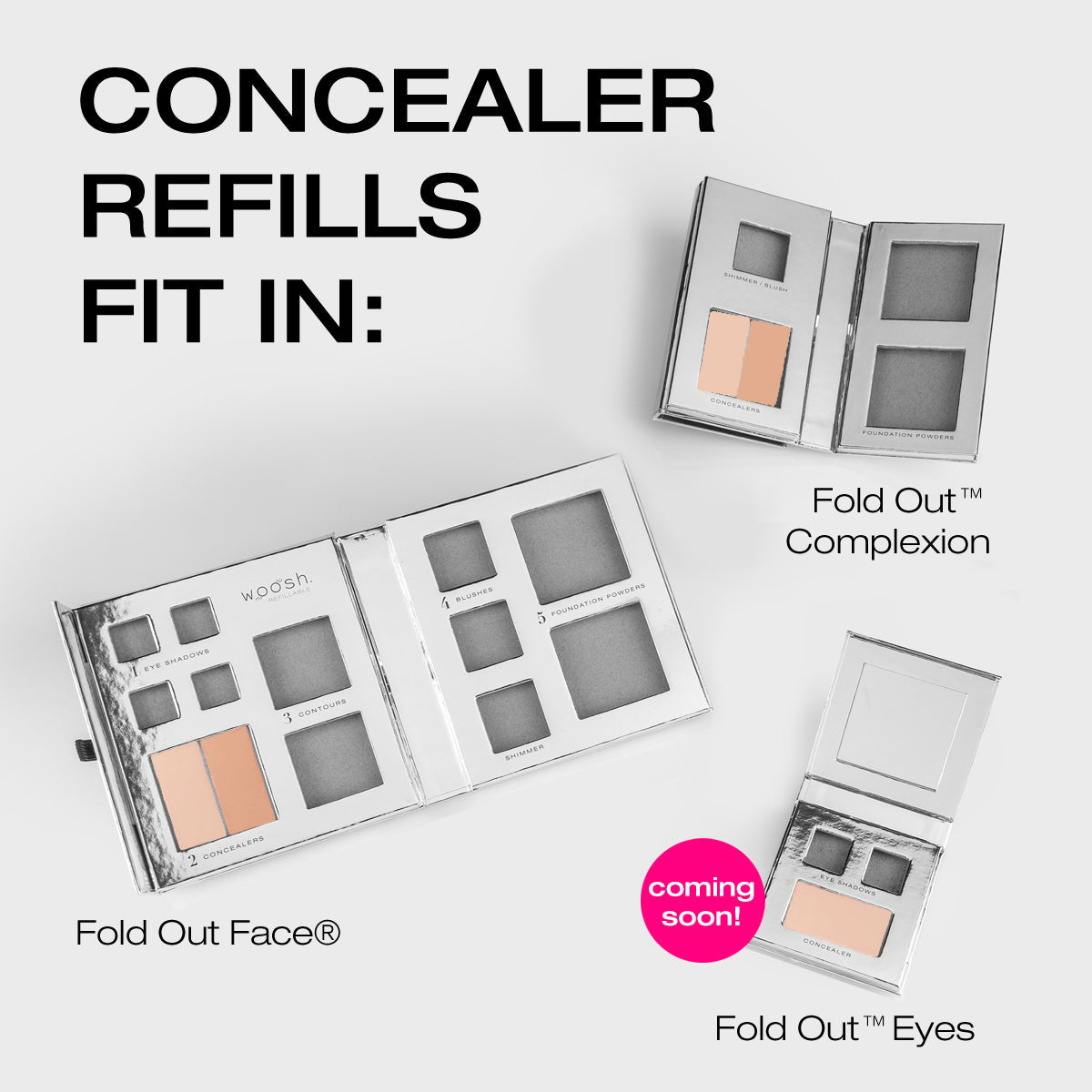 images of the fold out complexion, fold out face, and fold out eyes with the concealers placed inside the empty palette.